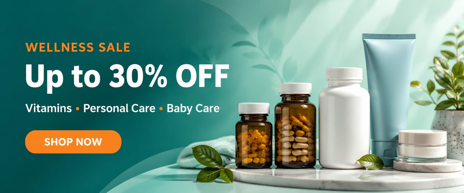Wellness products clustered on a deep teal gradient background